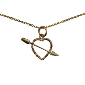 9ct Gold 13x21mm twisted Heart with Cupids Arrow Pendant with a 1.1mm wide cable Chain