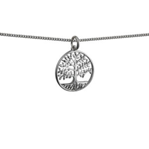 Silver 20mm round 1.5mm thick Tree of Life Pendant with a 1.3mm wide curb Chain