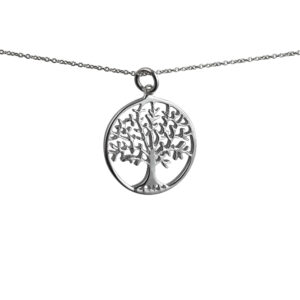 Silver 24mm round 1.7mm thick Tree of Life Pendant with a 1mm wide rolo Chain