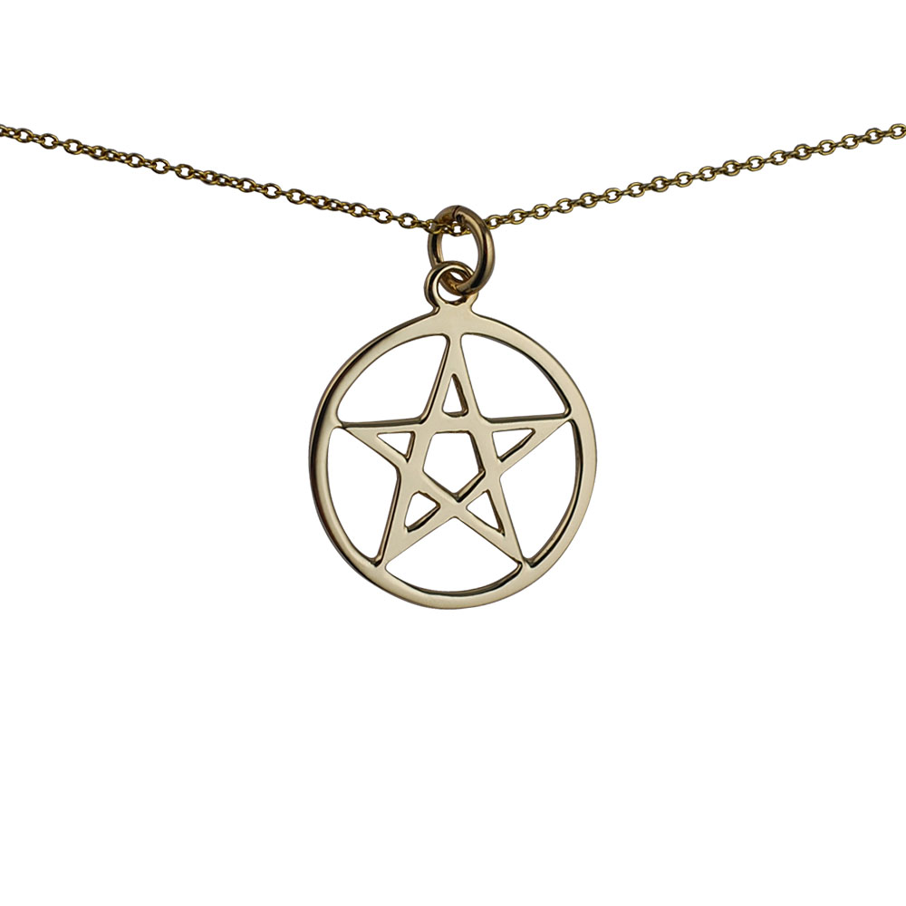 9ct Gold 23mm plain Pentangle in a circle Pendant with a 1.1mm wide cable Chain