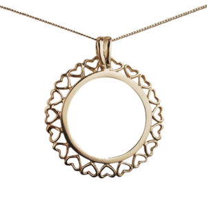 9ct Gold 28mm 1/2 Half Sovereign mount with pierced hearts edge coin mount holder Pendant with a 0.6mm wide curb Chain 16 inches Only Suitable for Children