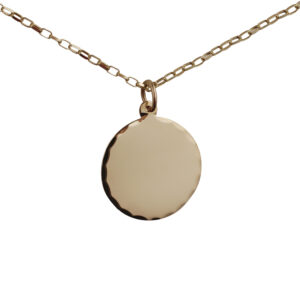 9ct Gold 19mm round diamond cut edge Disc Pendant with a 1.4mm wide belcher Chain 24 inches