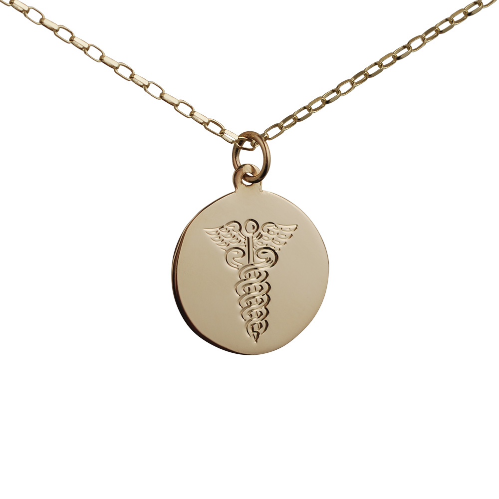 9ct Gold 19mm round hand engraved medical alarm symbol Disc Pendant with a 1.4mm wide belcher Chain