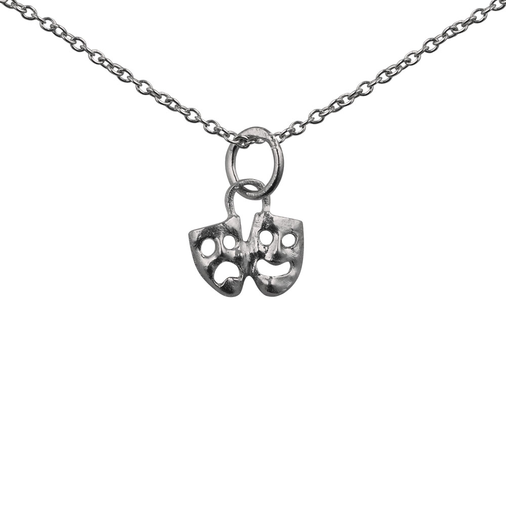 Silver 8x10mm Theatrical Comedy and Tragedy Pendant with a 1mm wide rolo Chain 24 inches