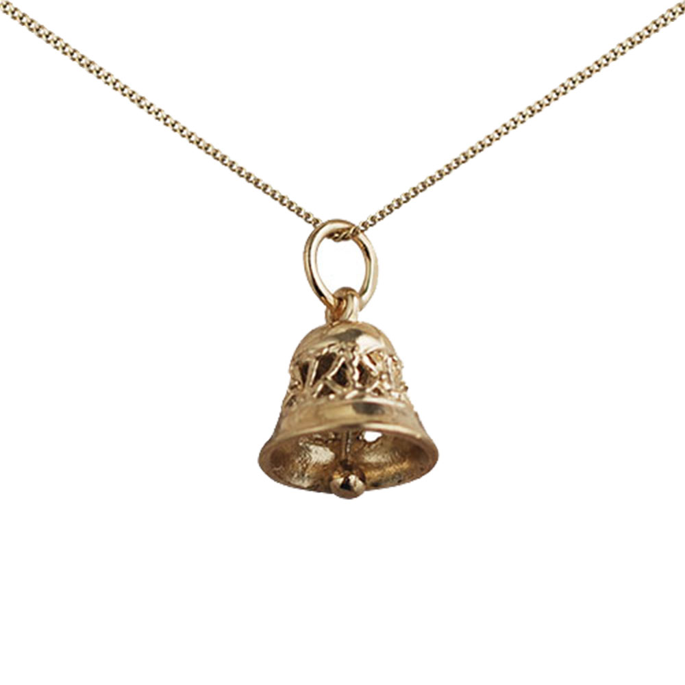9ct Gold 10x11mm moveable Ringing Bell Pendant with a 0.6mm wide curb Chain 18 inches