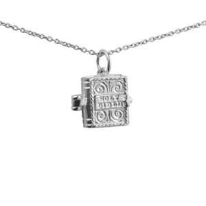 Silver 12x11mm moveable Bible with the Hail Mary inside Pendant with a 1mm wide rolo Chain
