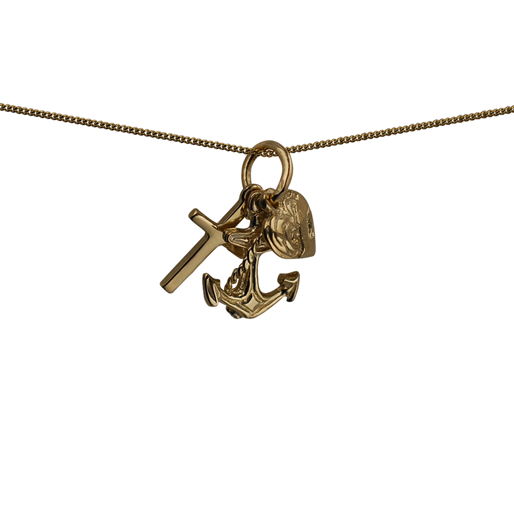 9ct Gold 15x4mm Faith Hope and Charity Pendants with a 0.6mm wide curb Chain 16 inches Only Suitable for Children