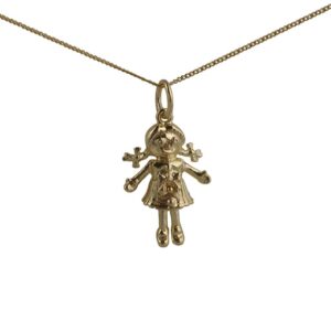 9ct Gold 19x13mm moveable Rag Doll Pendant with a 0.6mm wide curb Chain
