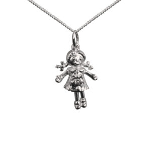 Silver 19x13mm moveable Rag Doll Pendant with a 1mm wide curb Chain