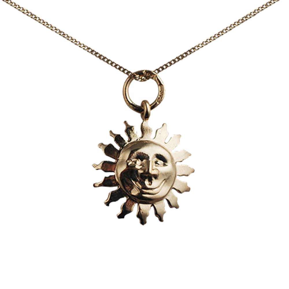 9ct Gold 15mm face of the sun smile Pendant with a 0.6mm wide curb Chain 18 inches