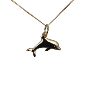 9ct Gold 9x19mm leaping Dolphin Pendant with a 0.6mm wide curb Chain