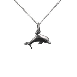 Silver 9x19mm leaping Dolphin Pendant with a 1mm wide curb Chain 24 inches