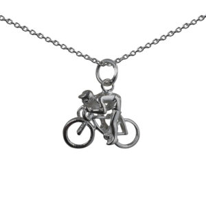 Silver 14x18mm Bicycle and Cyclist Pendant with a 1mm wide rolo Chain