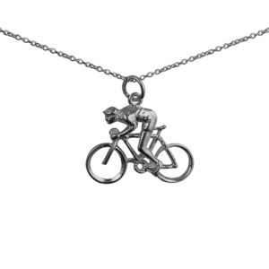 Silver 18x25mm Bicycle and Cyclist Pendant with a 1mm wide rolo Chain