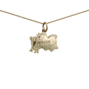 9ct Gold 13x19mm Map of Jersey Pendant with a 0.6mm wide curb Chain