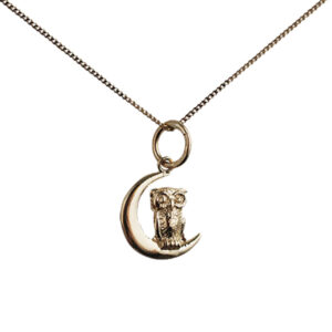 9ct Gold 16x10mm solid Owl and Moon Pendant with a 0.6mm wide curb Chain 16 inches Only Suitable for Children