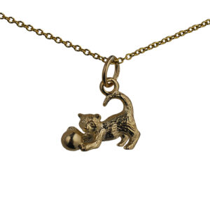 9ct Gold 11x19mm Cat playing with Ball Pendant with a 1.1mm wide cable Chain 16 inches Only Suitable for Children