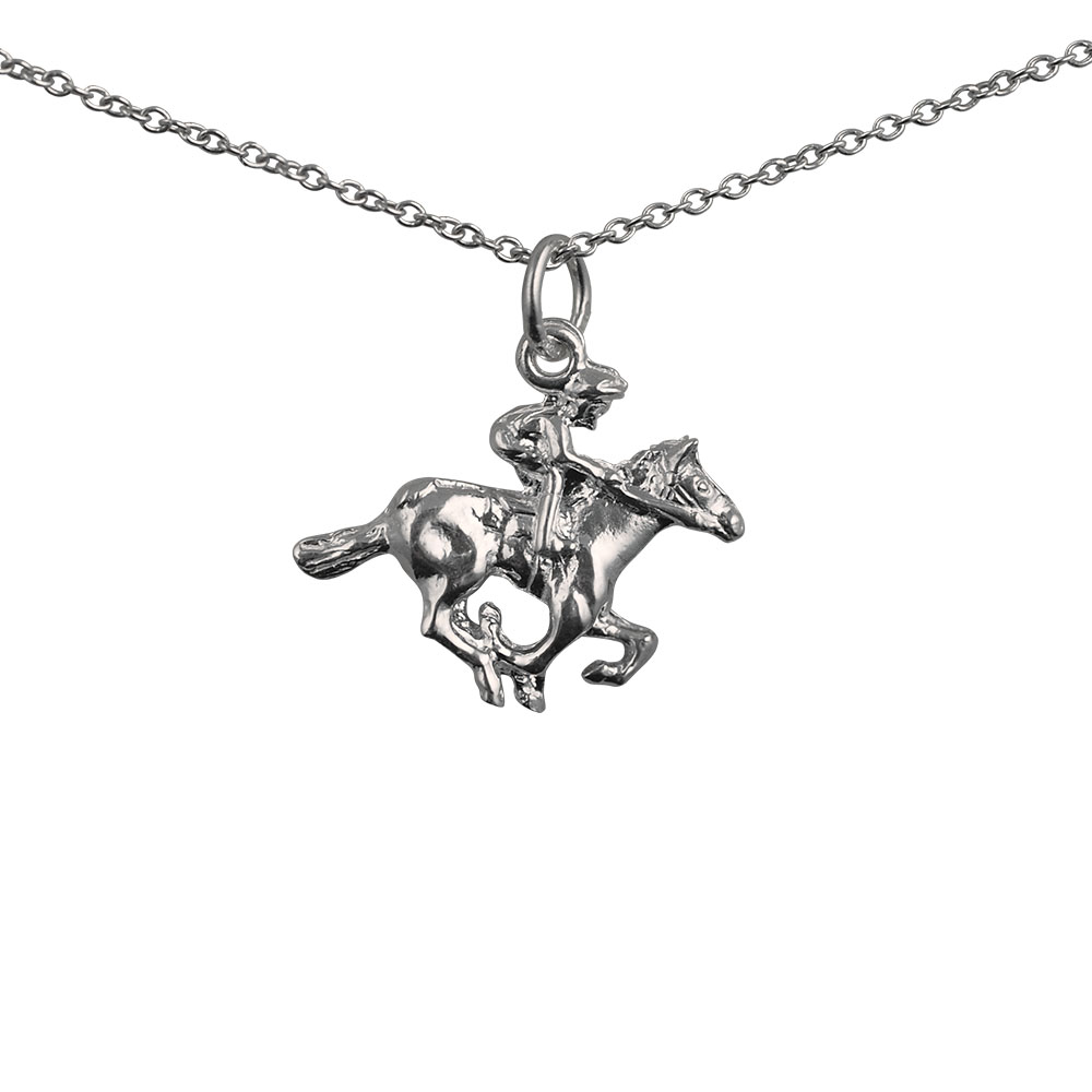 Silver 17x21mm galloping Horse and Jockey Pendant with a 1mm wide rolo Chain 16 inches Only Suitable for Children