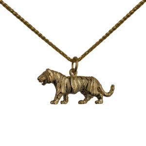 9ct Gold 12x27mm Tiger Pendant with a 1.1mm wide spiga Chain 24 inches