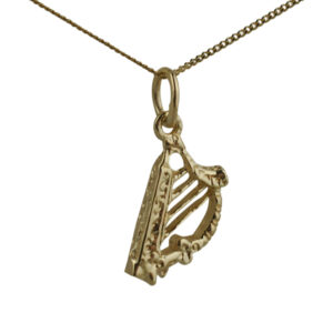 9ct Gold 13x8mm Harp Pendant with a 0.6mm wide curb Chain