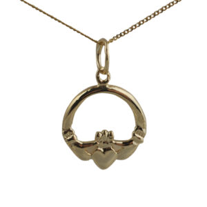 9ct Gold 14x14mm Claddagh Pendant with a 0.6mm wide curb Chain