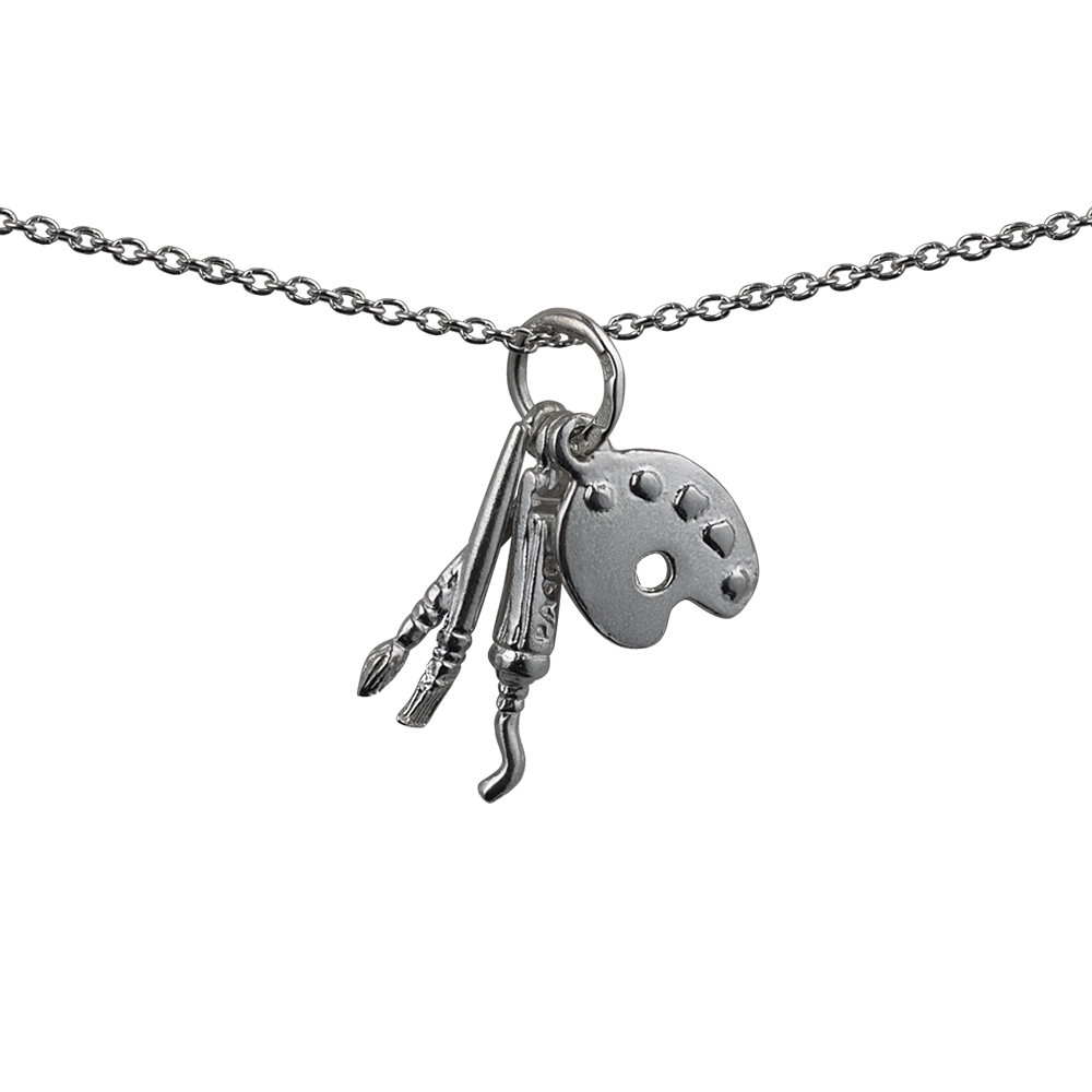 Three Silver 15x9mm Artist's Charms a paint board, brushes and a tube of paint with a 1mm wide rolo Chain 14 inches Only Suitable for Children
