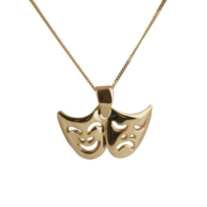 9ct Gold 7x10mm Theatrical Comedy and Tradgedy Pendant with a 0.6mm wide curb Chain 16 inches Only Suitable for Children