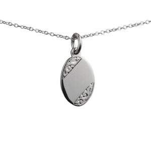 Silver 16x11mm hand engraved oval Disc Pendant with a 1mm wide rolo Chain