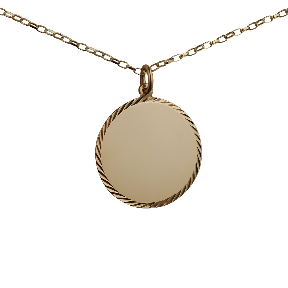 9ct Gold 26mm diamond cut edge round Disc Pendant with a 1.4mm wide belcher Chain