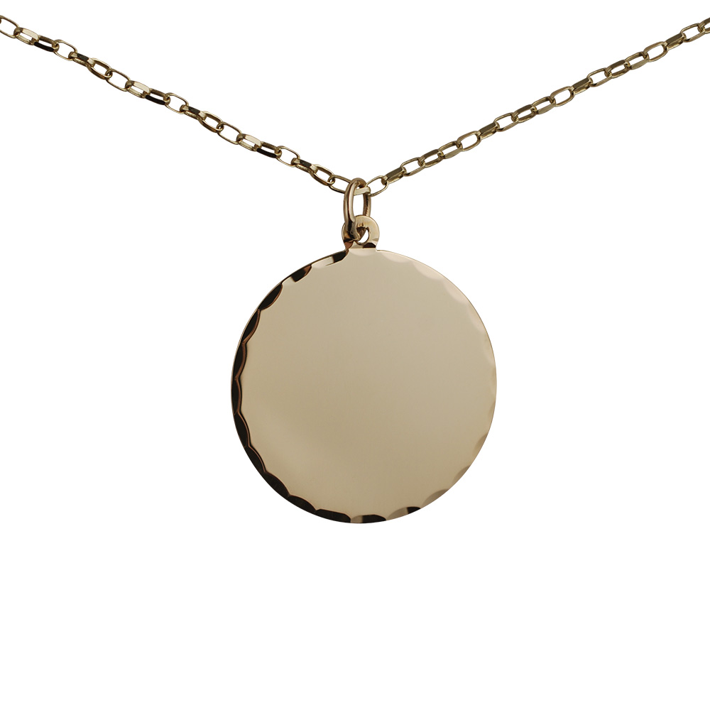 9ct Gold 26mm diamond cut edge round Disc Pendant with a 1.4mm wide belcher Chain