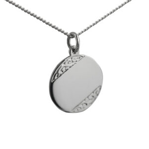 Silver 20mm round hand engraved Disc Pendant with a 1.3mm wide curb Chain