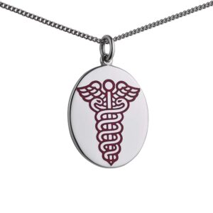 Silver 25x20mm oval medical alarm Disc Pendant with vitreous red enamel with a 1.3mm wide curb Chain
