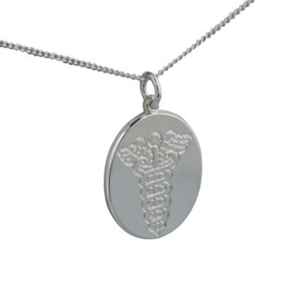 Silver 25x20mm oval medical alarm Disc Pendant with a 1.3mm wide curb Chain 20 inches