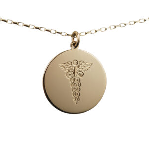 9ct Gold 26mm round hand engraved medical alarm symbol Disc Pendant with a 1.4mm wide belcher Chain