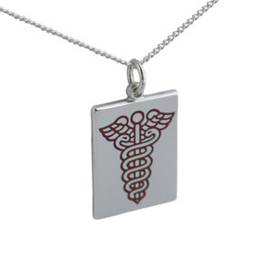 Silver 25x18mm rectangular medical alarm Disc Pendant with vitreous red enamel on a 1.3mm wide curb Chain
