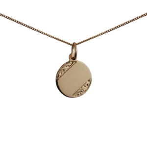 9ct Gold 13mm hand engraved round Disc Pendant with a 0.6mm wide curb Chain