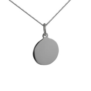 9ct White Gold 13mm round plain Disc Pendant with a 1mm wide curb Chain
