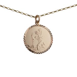 9ct Gold 25mm round diamond cut edge St Christopher Pendant with a 1.4mm wide belcher Chain 16 inches Only Suitable for Children