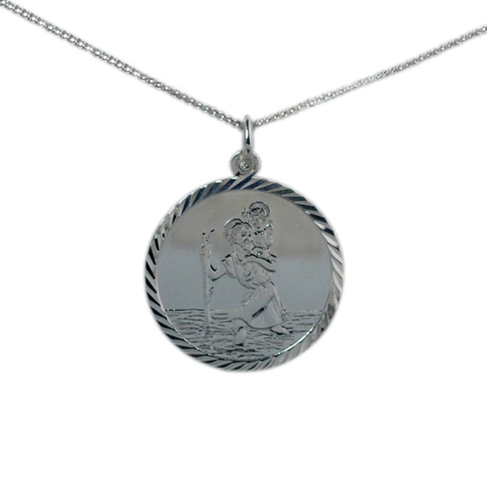 Silver 25mm round diamond cut edge St Christopher Pendant with a 1.3mm wide curb Chain 22 inches