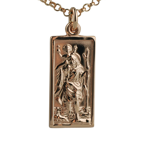 9ct Rose Gold 26x13mm rectangular St Christopher with a 2.2mm wide belcher Chain 20 inches