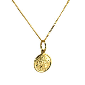 Children's 9ct Gold 10mm round St Christopher Pendant with a 0.6mm wide curb Chain