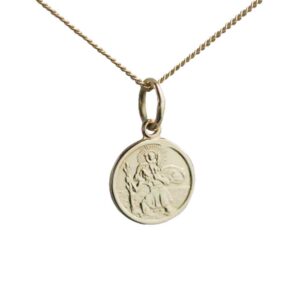 Children's 18ct Gold 10mm round St Christopher Pendant with a 1mm wide curb Chain
