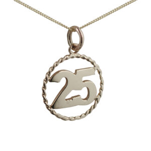 9ct Gold 18mm number 25 in twisted wire circle Pendant with a 0.6mm wide curb Chain