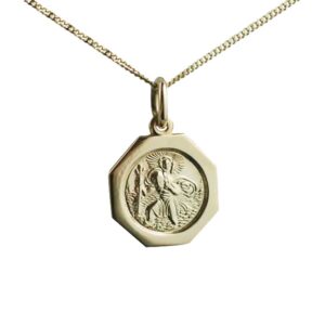 18ct Gold 15x15mm plain octagonal St Christopher Pendant with a 1mm wide curb Chain