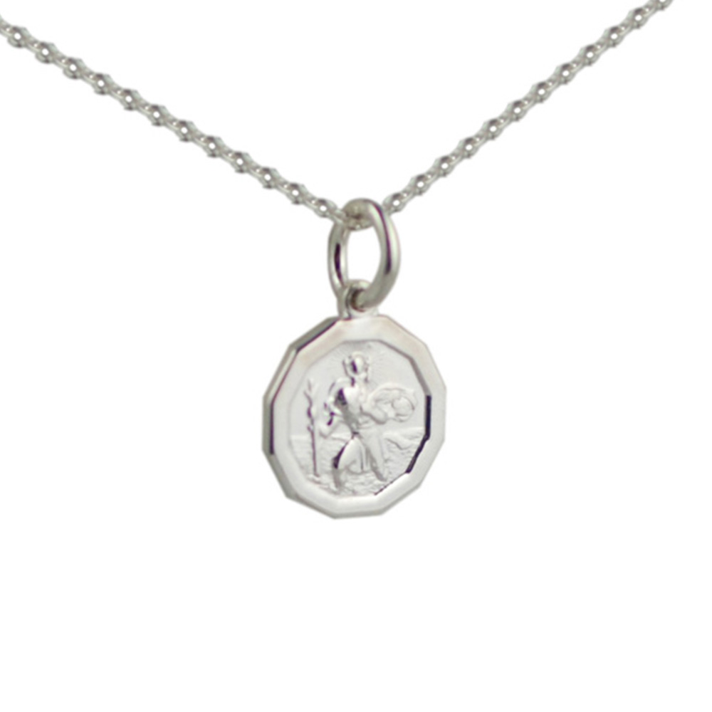Silver 13x13mm dodecagonal St Christopher Pendant with a 1mm wide rolo Chain 22 inches