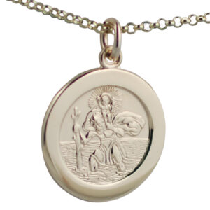 9ct Gold 21mm round St Christopher Pendant with car boat train plane on back with a 1.4mm wide belcher Chain