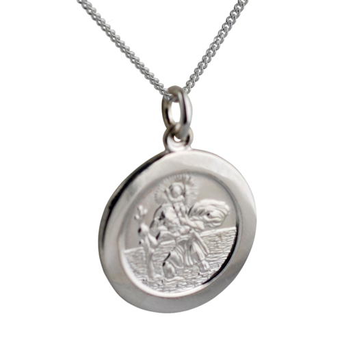 Silver 21mm round St Christopher Pendant with car boat train plane on back with a 1.3mm wide curb Chain 22 inches