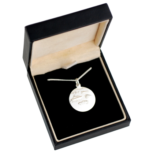 Silver 21mm round St Christopher Pendant with car boat train plane on back with a 1.3mm wide curb Chain 22 inches - Image 3