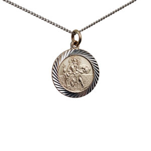 1/20th 14ct Gold on Silver 21mm round diamond cut edge St Christopher Pendant with a silver curb Chain 24 inches