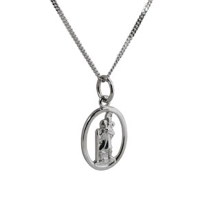 9ct White Gold 14x11mm oval pierced St Christopher Pendant with a 1mm wide curb Chain